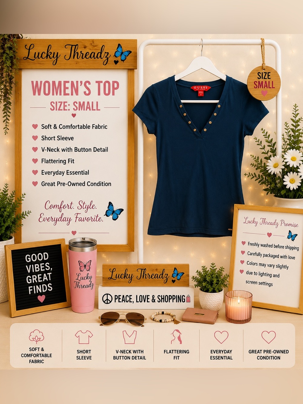GUESS Navy Short Sleeve V-Neck Top with Button Accents Size Small